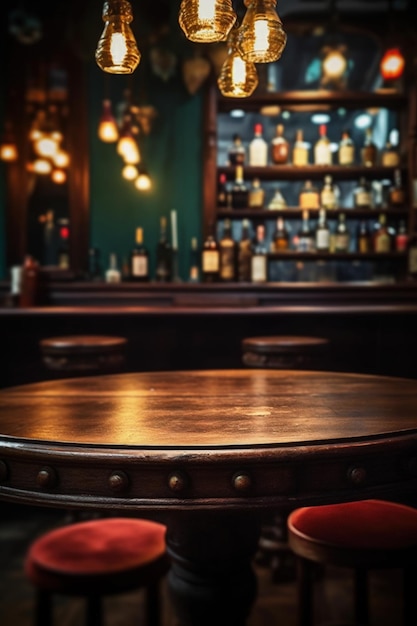 Une belle table dans un bar avec un bar en arrière-plan