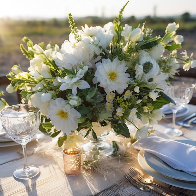 Belle table de mariage en plein air avec des fleurs blanches