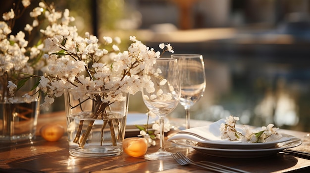 Belle table de mariage en plein air avec des fleurs blanches