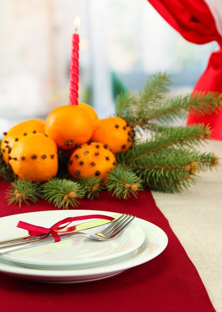 Belle Table De Noël Avec Mandarines Et Sapin, Gros Plan