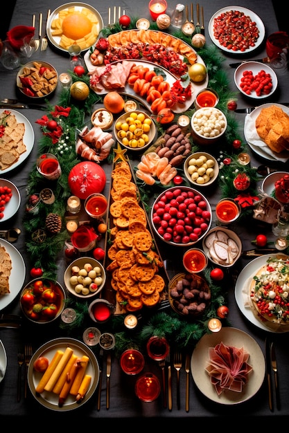 Une belle table de Noël pleine de nourriture Générative AI Xmas