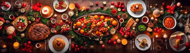 Une belle table de Noël pleine de nourriture Générative AI Xmas