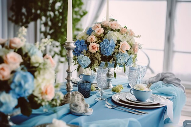 Belle table et pièces de centre d'un mariage élégamment décorées avec des fleurs générées par Ai