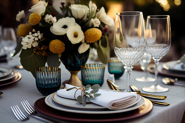 Belle table avec vaisselle et fleur