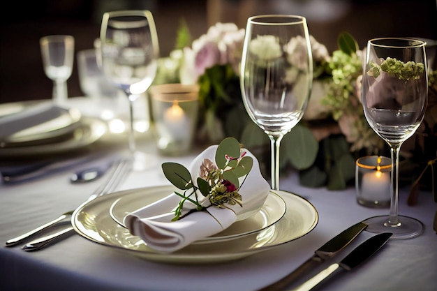 Belle table avec vaisselle et fleur