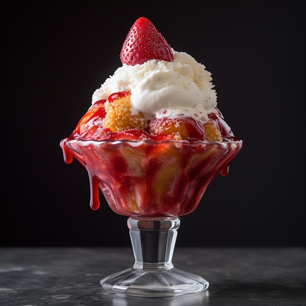 Une belle tasse de glace aux fraises isolée sur le sol noir