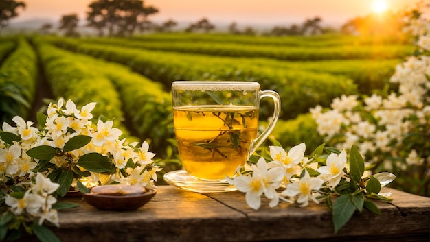 Une belle tasse de thé sur le fond d'un champ avec une fleur de jasmin