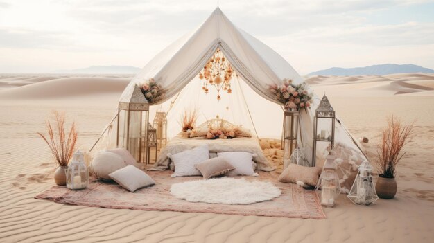 Belle tente blanche romantique dans le tapis du désert devant la tente de repos se détendre AI générative