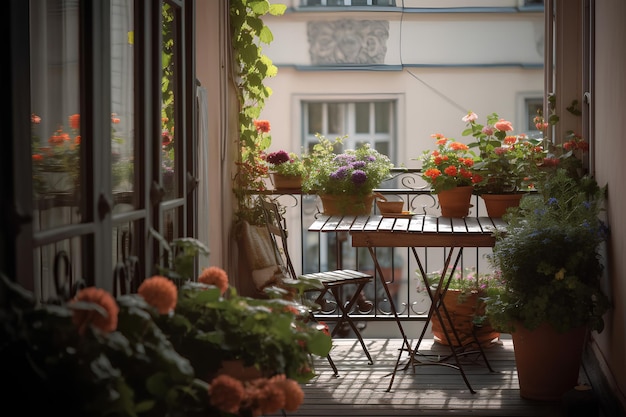 Belle terrasse de ville décorée avec table et plantes décoratives