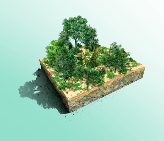 Belle terre forestière cubique 3D avec des arbres de la forêt tropicale rendu 3d de la forêt verte sur un terrain