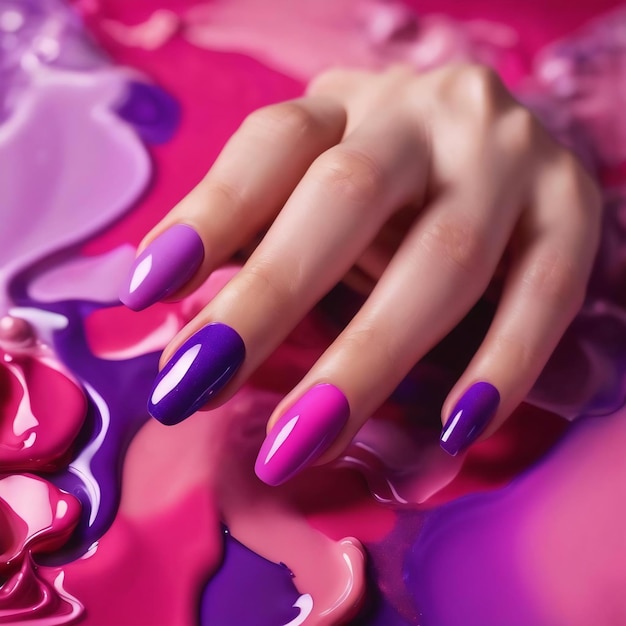 Belle texture liquide du vernis à ongles couleurs roses et violettes fond multicolore