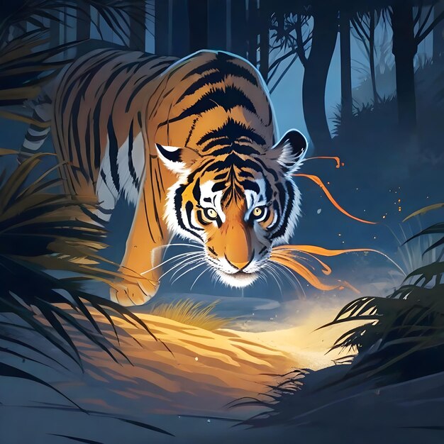 Belle tigre attaquant sous la couverture au clair de lune illustration AI générer une image