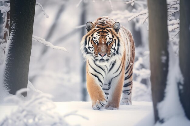 Photo belle tigre qui se promène dans la forêt enneigée dangereux prédateur qui se promene dans l'hiver froid animal rayé qui regarde la caméra ai générative