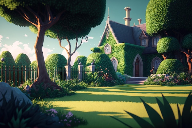 Belle toile de fond de dessin animé avec un panorama de plantes et d'herbe verte dans un jardin