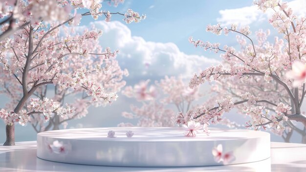 Photo une belle toile de fond du podium avec une scène de paysage de fleurs de cerisier au printemps 3d