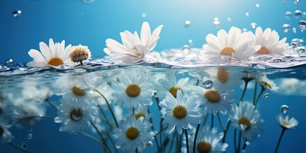 Belle toile de fond d'été avec des fleurs sauvages Marguerites, trèfles et autres fleurs sauvage sous l'eau sur un fond bleu avec l'éclat du soleil Toile de fond à la mode pour la présentation de produits cosmétiques