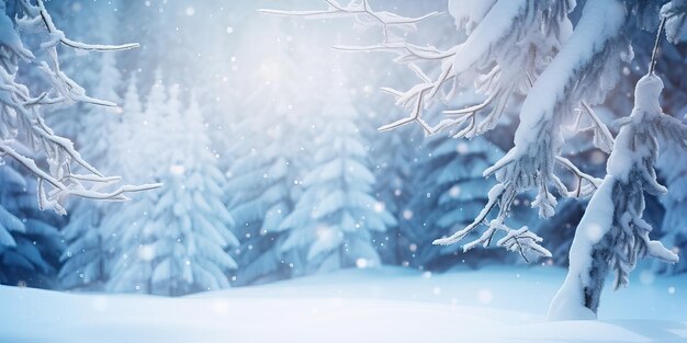 Belle toile de fond hivernale avec des branches couvertes de neige et des flocons de neige contre un Noël flou