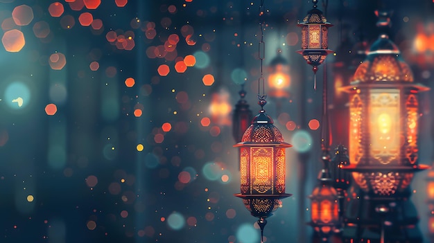 Belle toile de fond lumineuse sur le thème de la fête arabe musulmane du Ramadan générée par l'IA