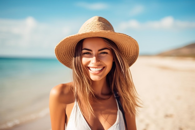 une belle touriste féminine en vacances sur une belle plage générée par IA