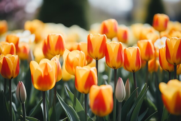 Une belle tulipe jaune et orange en fleurs