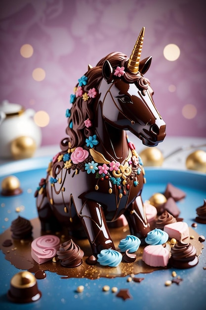 Une belle unicorne en chocolat décorée de manière créative. Photographie alimentaire dans le style des étoiles Michelin.