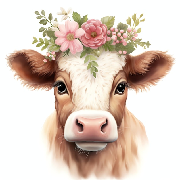 belle vache avec une couronne de fleurs dans une illustration clipart de conte de fées magique de ferme