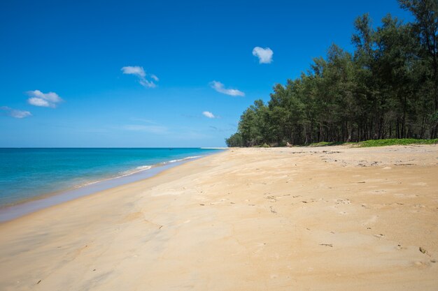 Belle vague douce sur le sable à la mer avec une journée ensoleillée de ciel bleu. le sujet est flou.