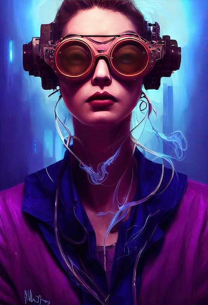 Belle vague rétro Femme scientifique avec des lunettes Cyberpunk caractère métaverse Style d'art numérique