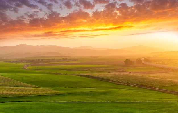 Belle vallée verte avec des champs verts avec de l'herbe verte au printemps avec des collines et des montagnes nives et un coucher de soleil nuageux coloré et scrnic sur fond de paysage