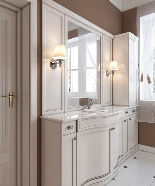 Belle vanité blanche, salle de bain blanche et épurée de style classique contemporain. rendu 3D