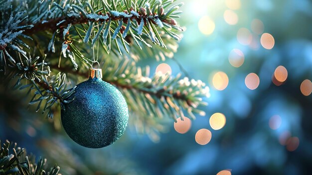 Belle veille de Noël et du Nouvel An Arrière-plan avec une balle bleue de Noël accrochée à une branche de sapin