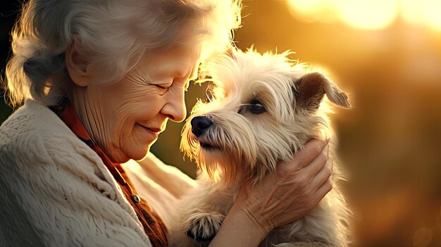 Une belle vieille dame et un drôle de chien portrait en gros plan en rétroéclairage Amitié et sentiments tendres entre nous