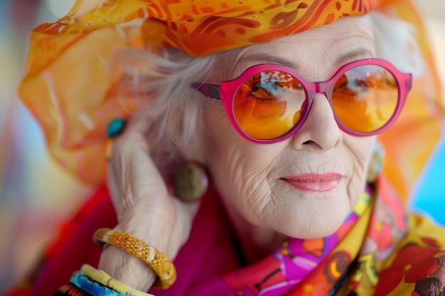 Une belle vieille femme avec de grandes lunettes de soleil porte des vêtements colorés, une grand-mère modèle de mode sur un fond coloré, une IA générative.