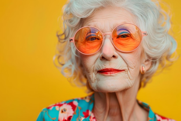 Une belle vieille femme avec de grandes lunettes de soleil porte des vêtements colorés, une grand-mère modèle de mode sur un fond coloré, une IA générative.