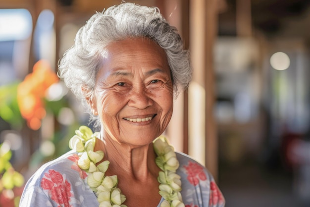 Belle vieille femme des îles du Pacifique dans les années 80 souriante exprimant sa positivité et sa confiance