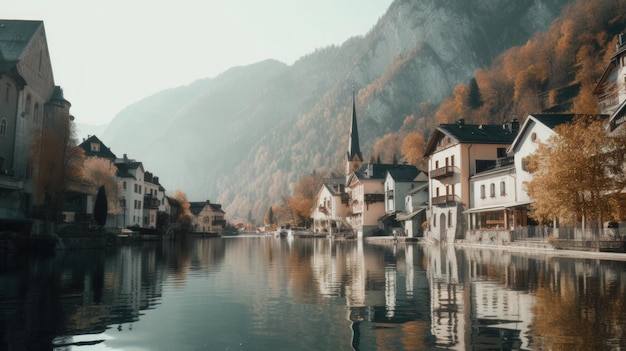 Belle vieille ville entourée de montagnes vue Generative AI