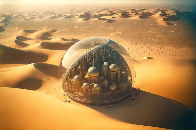 Belle ville futuriste sous un dôme transparent dans le désert créé avec une IA générative