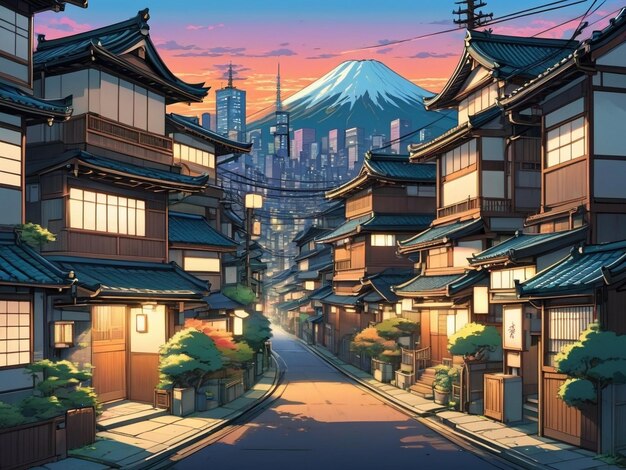 une belle ville japonaise de tokyo ville le soir des maisons dans la rue anime comics style artistique