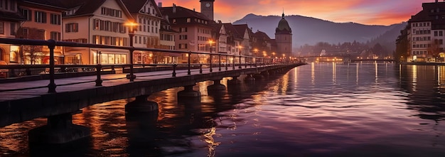 une belle ville la nuit avec un seau de nénuphars dans l'eau dans le style suisse