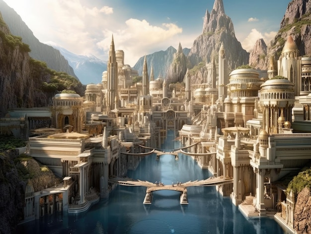 Une belle ville avec une rivière au milieu de celle-ci la lumière du soleil brille tout autour dans le style de l'architecture inspirée de la mythologie Generative AI