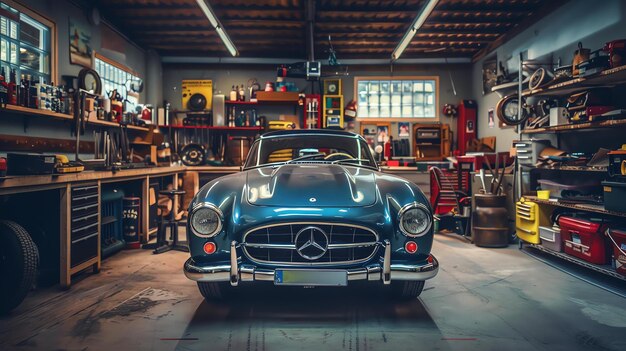 Une belle voiture bleue vintage est garée dans un garage la voiture est entourée d'outils et d'équipements le garage est bien éclairé et organisé