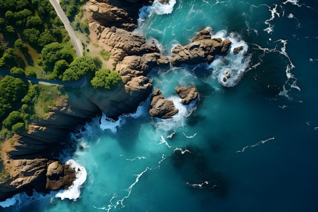 belle vue aérienne panoramique d'un rivage de l'océan généré par l'IA
