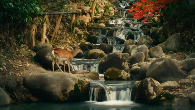 Belle vue d'un cerf près de la cascade et des pierres capturées sur l'île de Miyajima au Japon