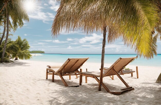 Belle vue sur les cocotiers et la plage de sable blanc avec chaises longues et parasols bleus