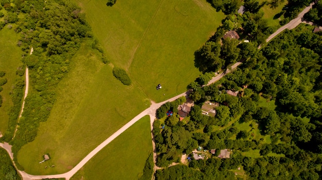 Belle vue sur une colline avec une forêt verte. Vue de dessus.