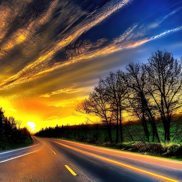 Une belle vue d'un coucher de soleil sur l'autoroute