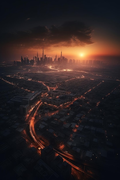 Belle vue sur le coucher de soleil sur l'IA générative d'image sombre de Dubaï