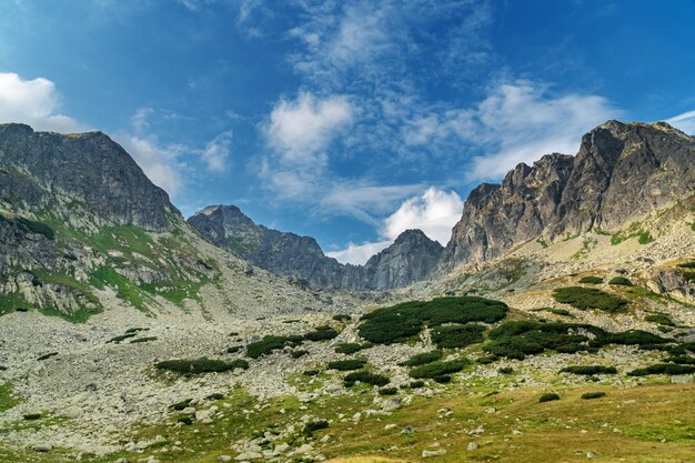 Belle vue sur un creux dans les montagnes avec un ciel bleu nuageux