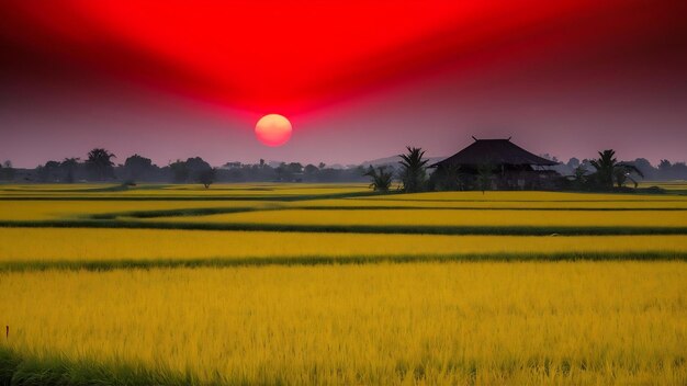 Photo belle vue du riz jaune au coucher du soleil avec un ciel rouge sur les rizières de kemumu au nord de bengkulu, en indonésie