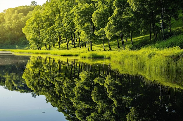 Belle vue sur un étang reflétant les arbres verts sur le rivage entouré